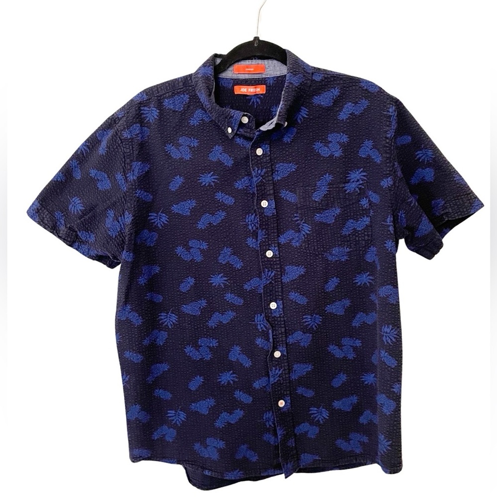 Joe Fresh Short Sleeve Button Down‎ Waffle Pineapples Blue Black Men's Size M